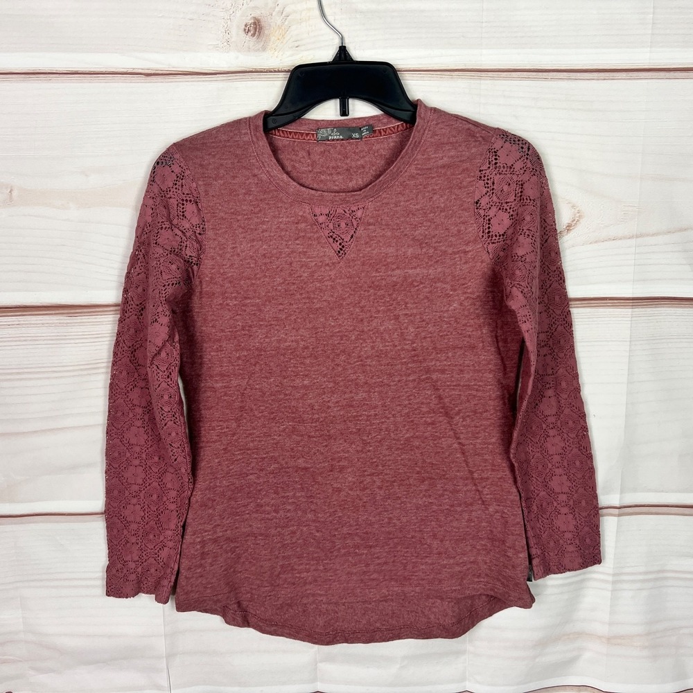 PrAna Top Womens XS Pink Lace Sleeve T-Shirt Crew Neck Knit‎ Pullover Solid